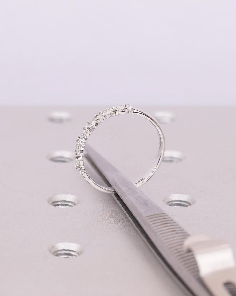Round, Marquise Diamond Wedding Band Women, Dainty 14k White Gold Matching Rings image #17