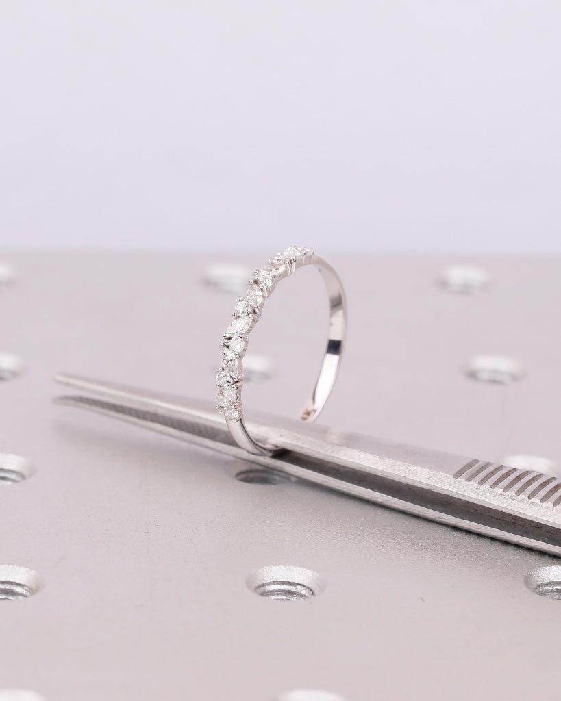 Art Deco Women's Wedding Band, Alternating Round, Marquise Cut Lab Grown Diamond Stackable Rings, Unique 14k White Gold Ring, Bridal Jewelry image #19
