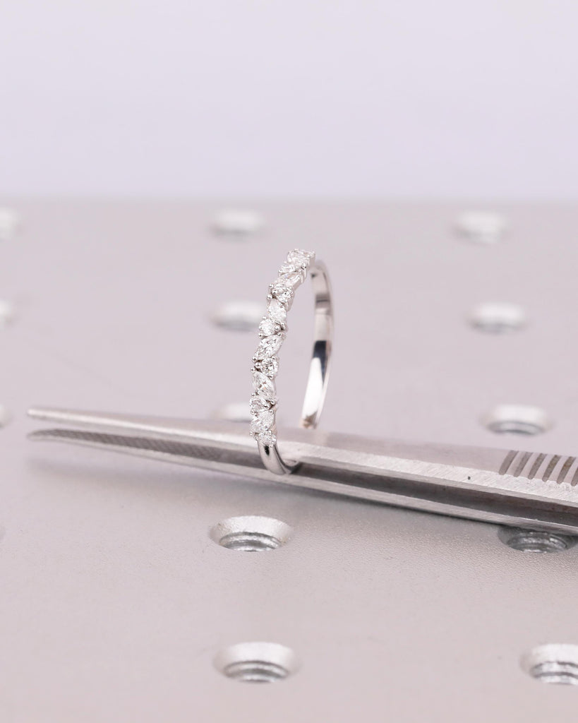 Art Deco Women's Wedding Band, Alternating Round, Marquise Cut Lab Grown Diamond Stackable Rings, Unique 14k White Gold Ring, Bridal Jewelry image #15