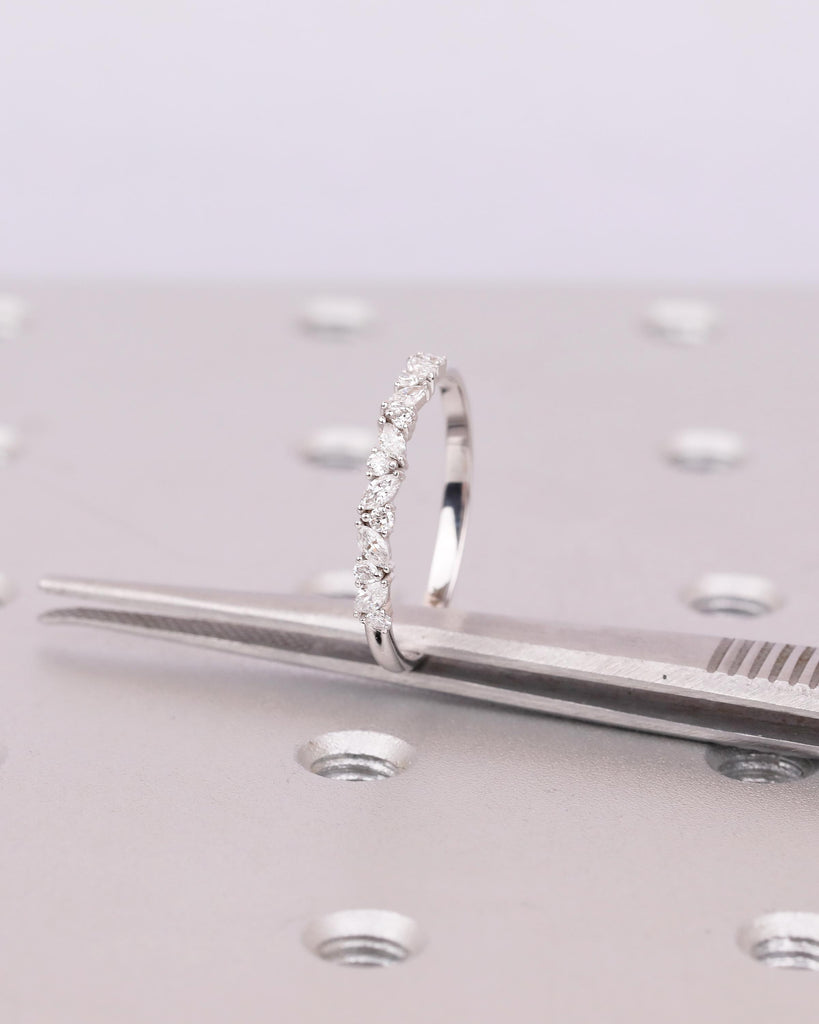 Round, Marquise Diamond Wedding Band Women, Dainty 14k White Gold Matching Rings image #15