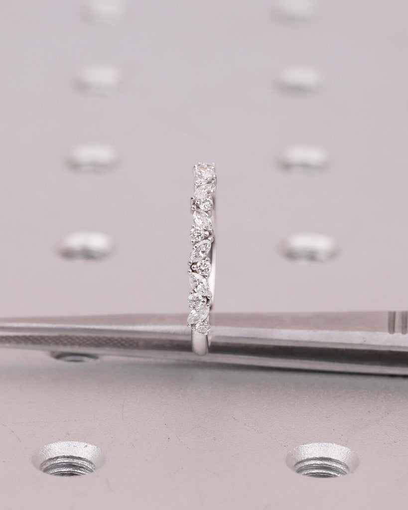 Art Deco Women's Wedding Band, Alternating Round, Marquise Cut Lab Grown Diamond Stackable Rings, Unique 14k White Gold Ring, Bridal Jewelry image #12