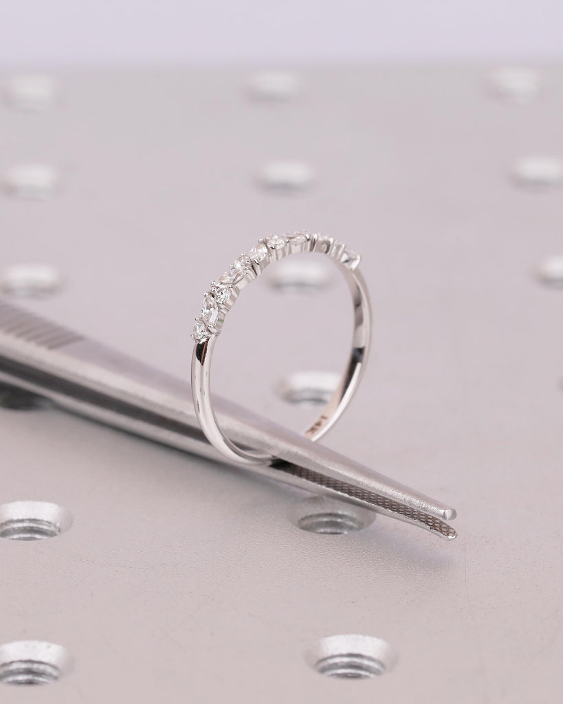 Art Deco Women's Wedding Band, Alternating Round, Marquise Cut Lab Grown Diamond Stackable Rings, Unique 14k White Gold Ring, Bridal Jewelry image #13