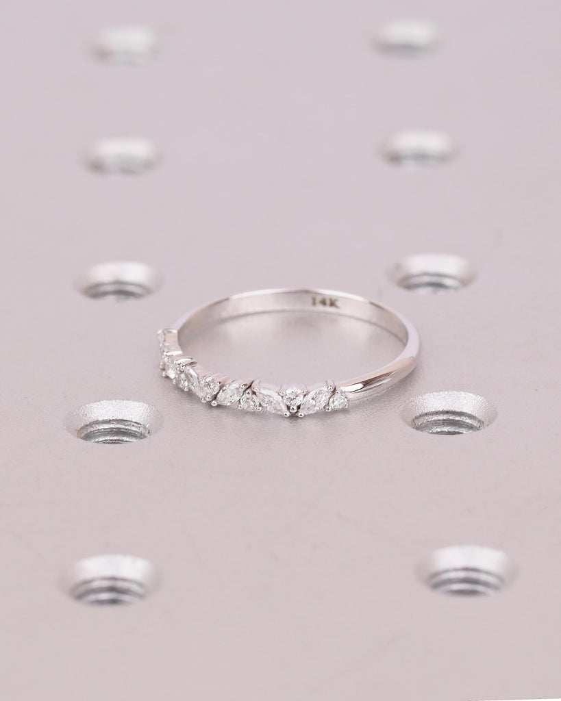 Art Deco Women's Wedding Band, Alternating Round, Marquise Cut Lab Grown Diamond Stackable Rings, Unique 14k White Gold Ring, Bridal Jewelry image #16
