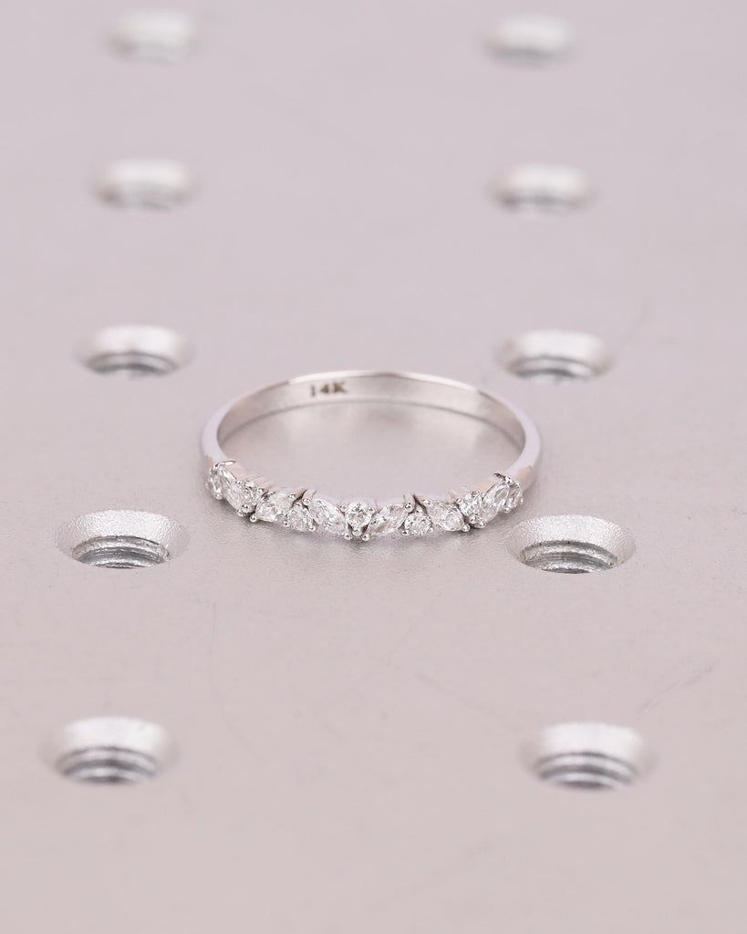 Art Deco Women's Wedding Band, Alternating Round, Marquise Cut Lab Grown Diamond Stackable Rings, Unique 14k White Gold Ring, Bridal Jewelry image #9
