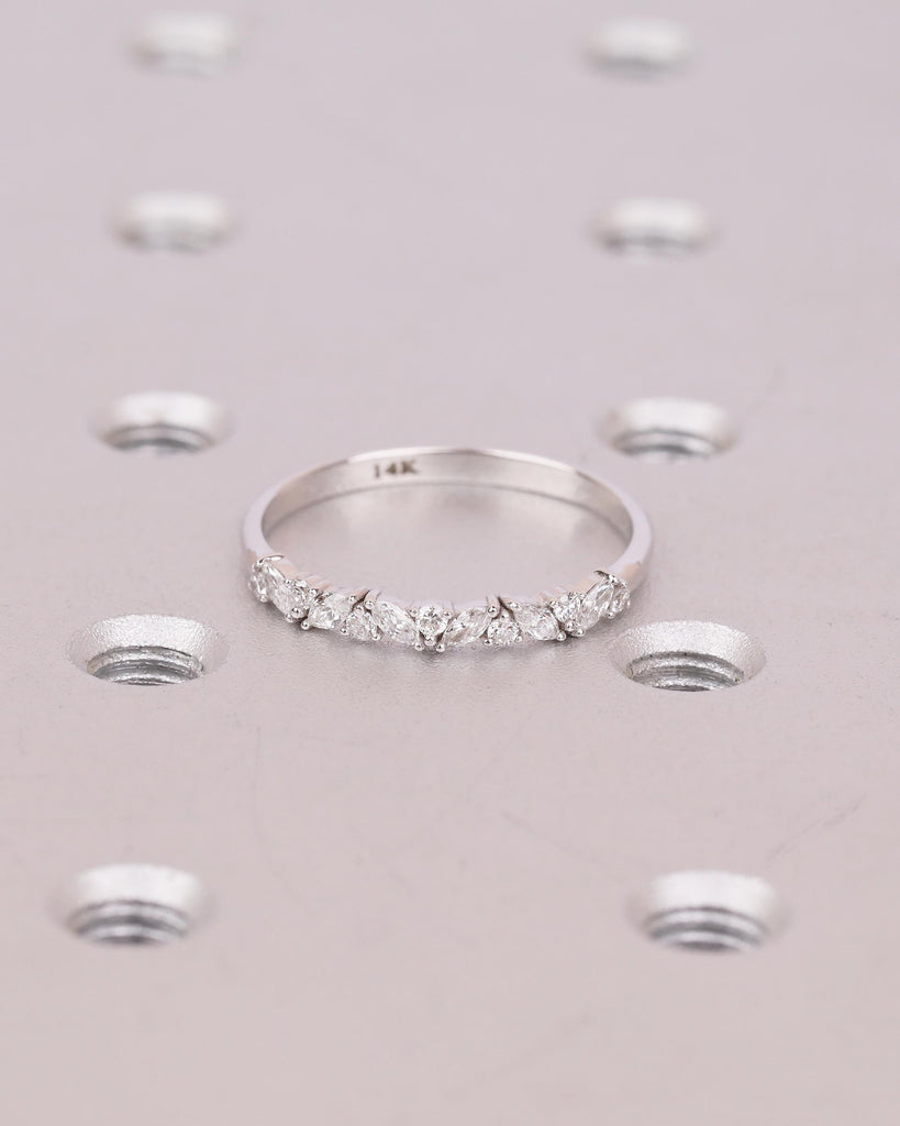Round, Marquise Diamond Wedding Band Women, Dainty 14k White Gold Matching Rings image #9
