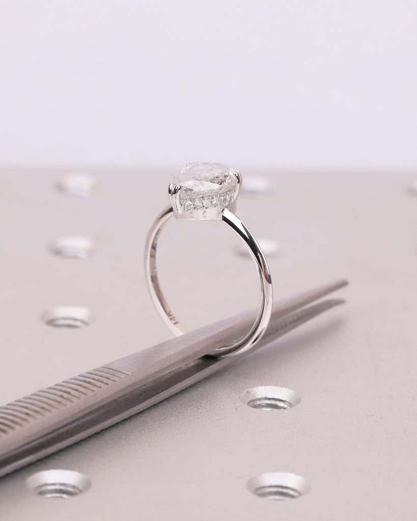 Pear Cut Salt and Pepper Diamond Engagement Ring, 14k White Gold Hidden Halo Ring image #2