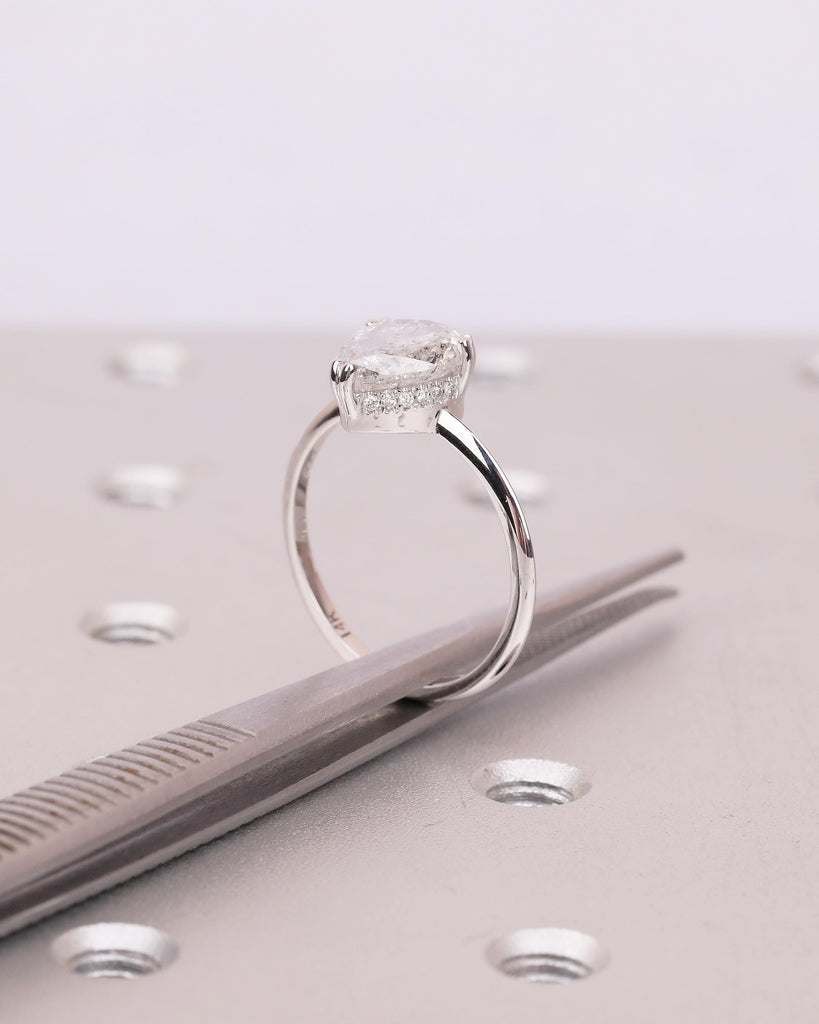 Hidden Halo Diamond Engagement Ring, Double Prong Vintage Salt and Pepper Ring, 14k White Gold Promise Rings for Women, Personalized Jewelry image #1