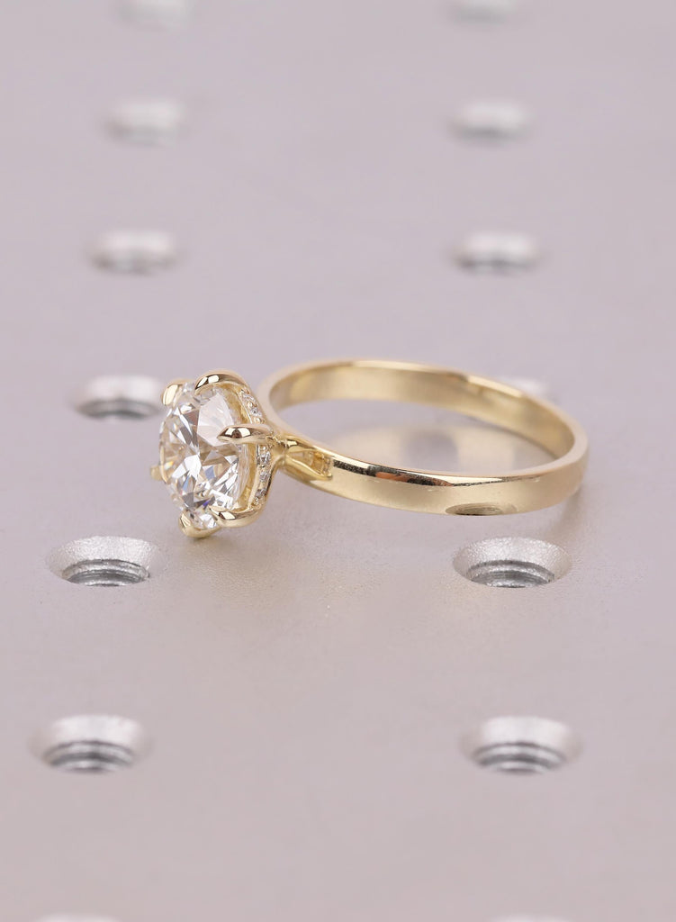 Round Engagement Ring, Six Prong Settings Art Deco Moissanite Ring For Women, Hidden Halo Side Stone, Dainty 14K Yellow Gold Flat Band image #8