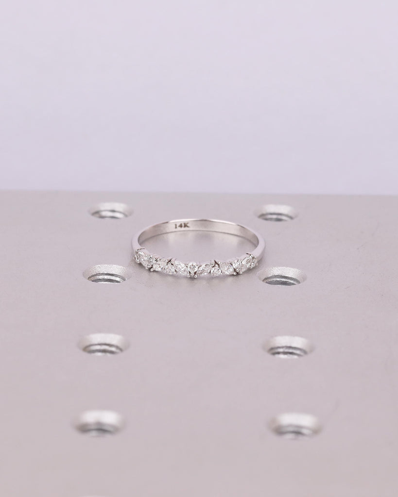 Art Deco Women's Wedding Band, Alternating Round, Marquise Cut Lab Grown Diamond Stackable Rings, Unique 14k White Gold Ring, Bridal Jewelry image #1
