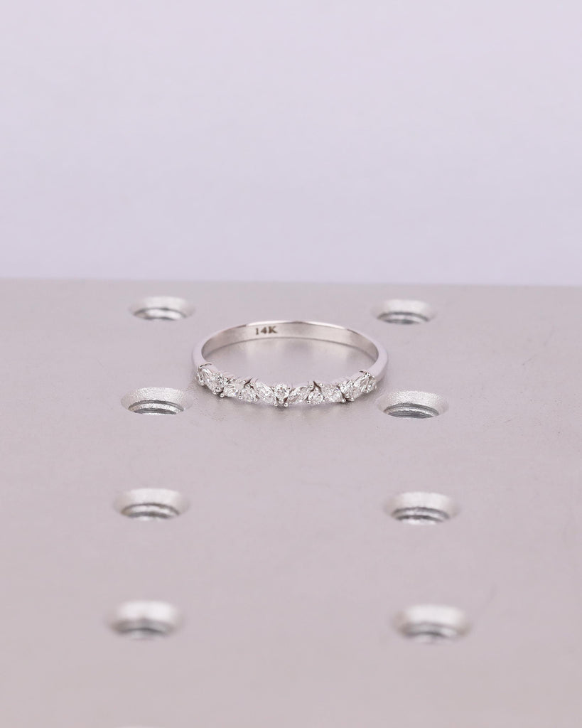 Round, Marquise Diamond Wedding Band Women, Dainty 14k White Gold Matching Rings image #2