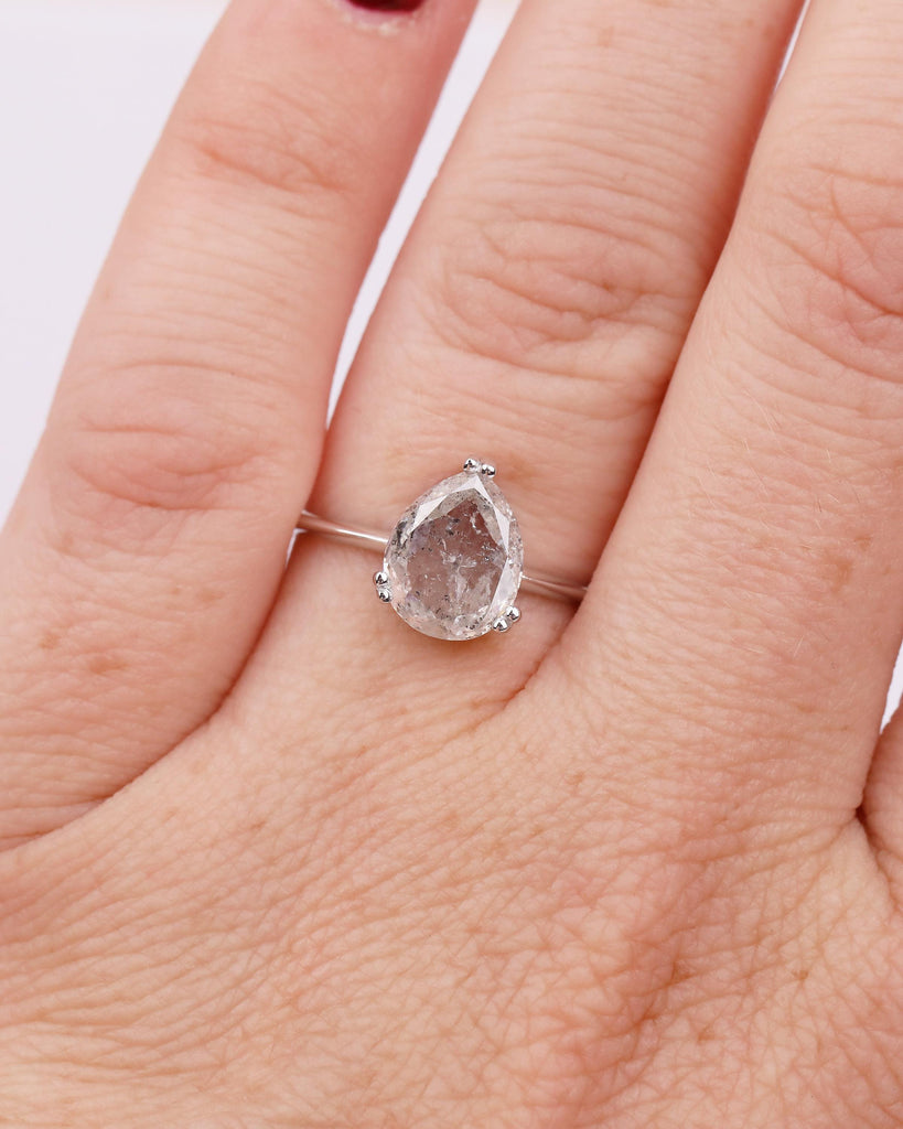 Pear Cut Salt and Pepper Diamond Engagement Ring, 14k White Gold Hidden Halo Ring image #1