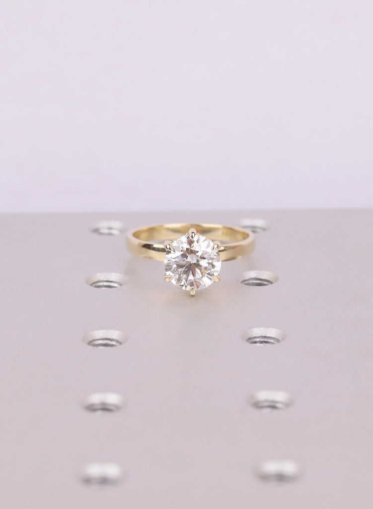 Round Engagement Ring, Six Prong Settings Art Deco Moissanite Ring For Women, Hidden Halo Side Stone, Dainty 14K Yellow Gold Flat Band image #1