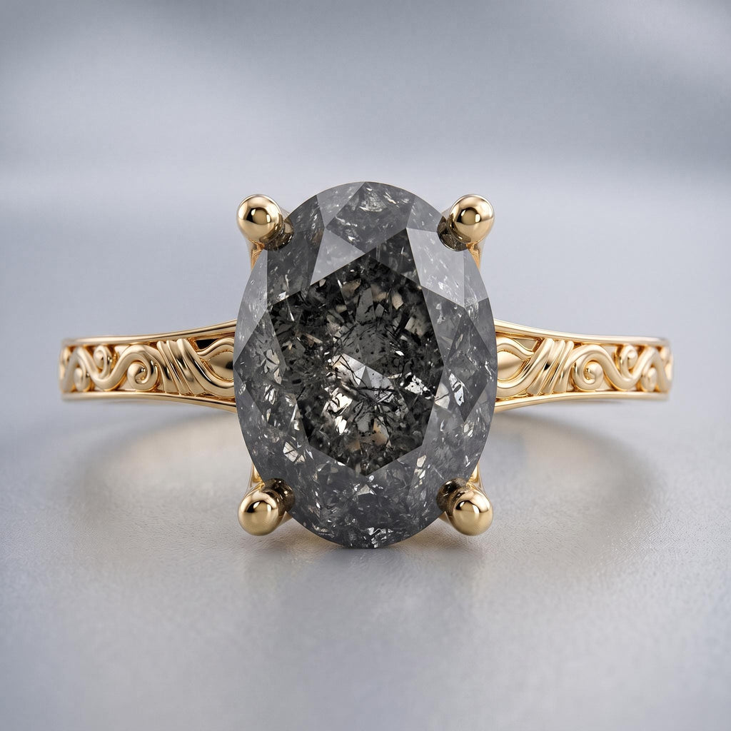 Natural Salt and Pepper Grey Diamond Solitaire Engagement Ring for Women | Oval cut Ring Antique Bridal Jewelry image #5