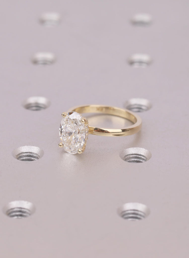 14K Yellow Gold Oval Diamond Ring, Hidden Halo Engagement Ring with Side Stones, Lab Grown Diamond Ring, Dainty Anniversary Gift Jewelry image #8
