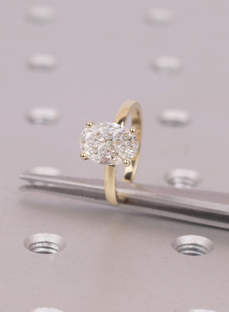 14K Yellow Gold Oval Diamond Ring, Hidden Halo Engagement Ring with Side Stones, Lab Grown Diamond Ring, Dainty Anniversary Gift Jewelry image #1
