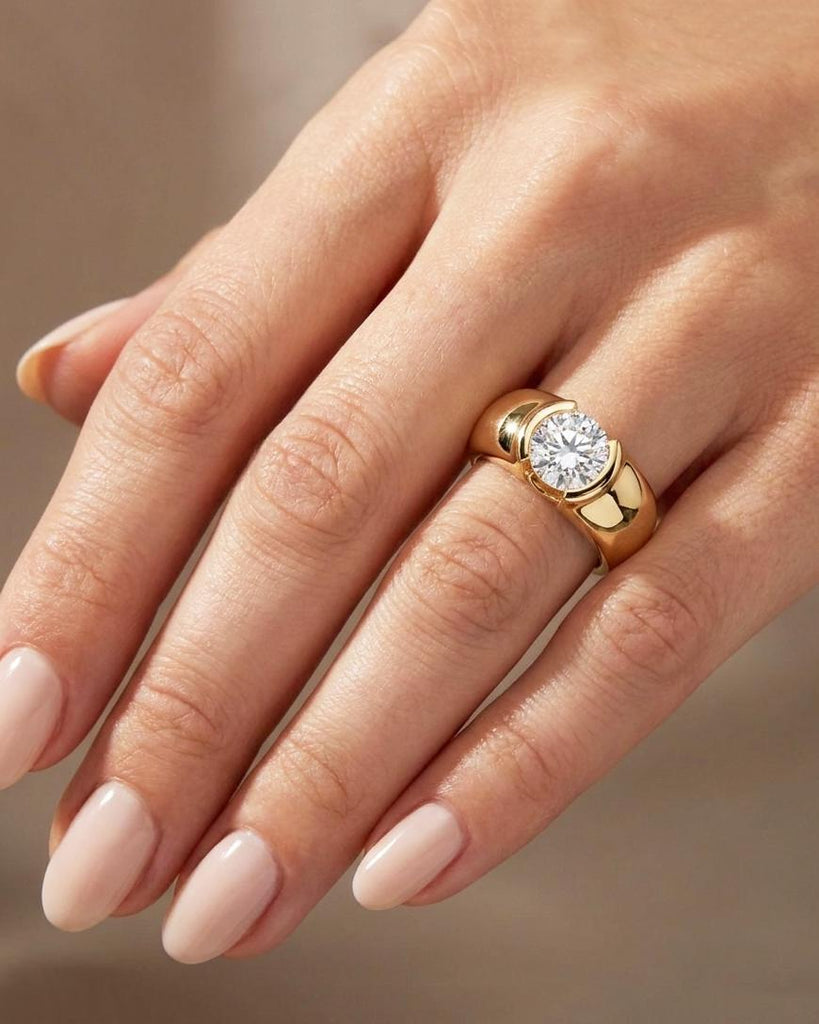 14K Solid Gold Cigar Band Moissanite Engagement Ring, Wide Band Dome Ring, Thick Band Statement Ring, Modern Promise Ring for Women image #1