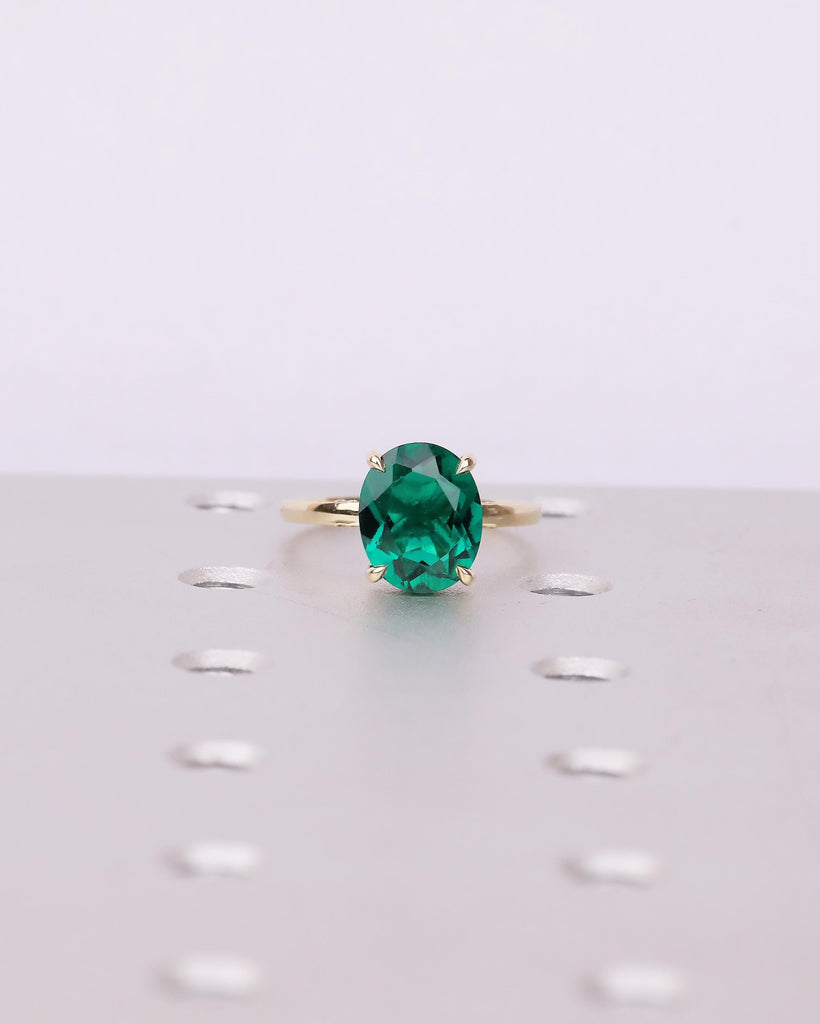 Oval Cut Emerald Engagement Ring, Solitaire 14k Yellow Gold Lab Grown Emerald Ring, Pave Hidden Halo Diamond, Personalized Statement Jewelry image #13