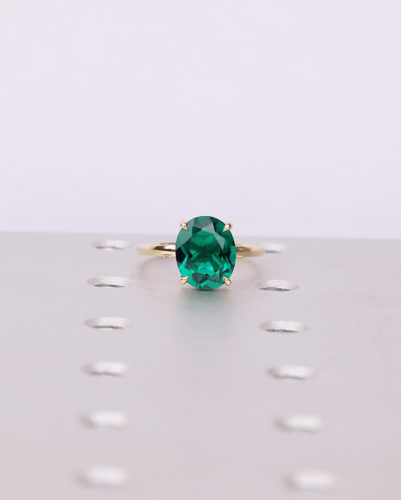 Minimalist Oval Emerald Ring, Hidden Halo 14k Solid Gold Engagement Ring, Birthstone Jewelry image #13