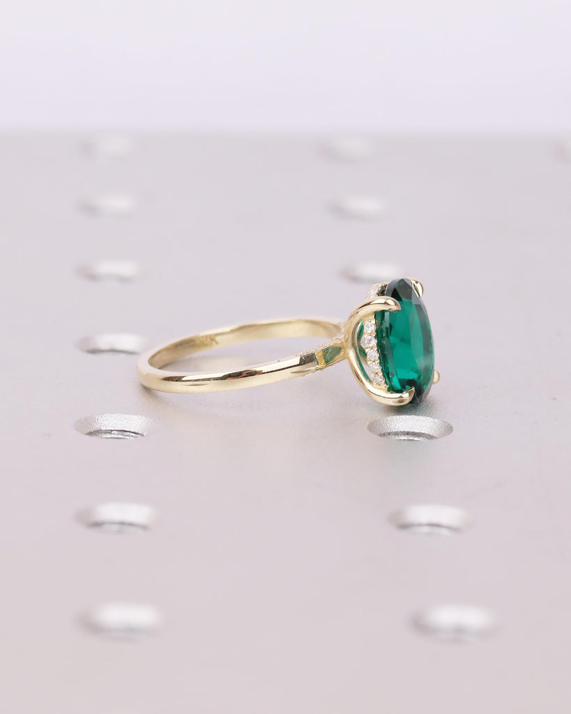 Minimalist Oval Emerald Ring, Hidden Halo 14k Solid Gold Engagement Ring, Birthstone Jewelry image #14