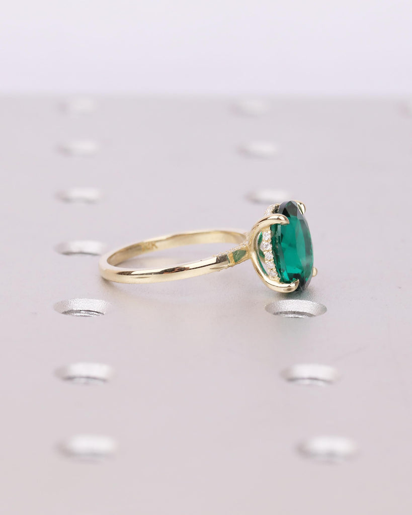 Oval Cut Emerald Engagement Ring, Solitaire 14k Yellow Gold Lab Grown Emerald Ring, Pave Hidden Halo Diamond, Personalized Statement Jewelry image #14