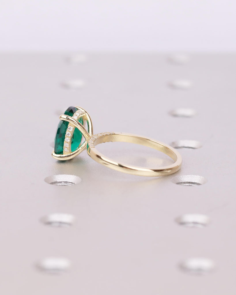 Oval Cut Emerald Engagement Ring, Solitaire 14k Yellow Gold Lab Grown Emerald Ring, Pave Hidden Halo Diamond, Personalized Statement Jewelry image #11