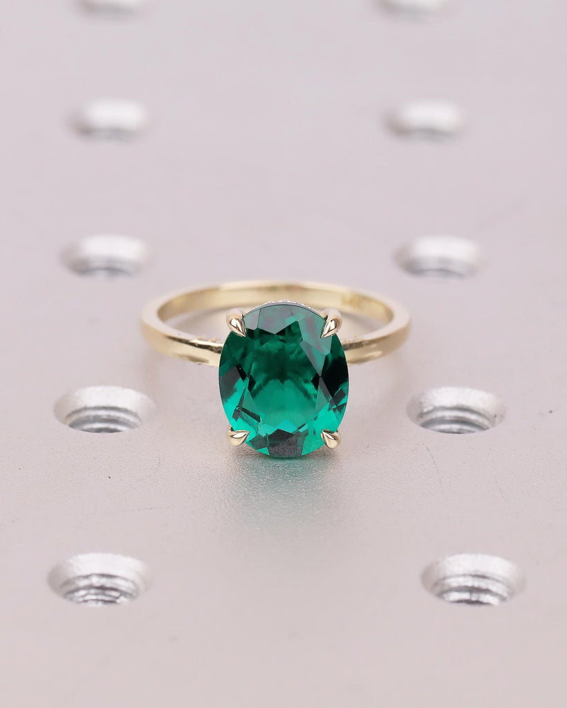Minimalist Oval Emerald Ring, Hidden Halo 14k Solid Gold Engagement Ring, Birthstone Jewelry image #9