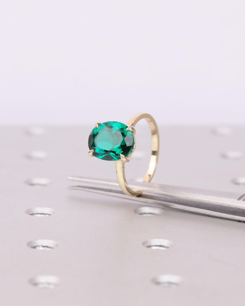Oval Cut Emerald Engagement Ring, Solitaire 14k Yellow Gold Lab Grown Emerald Ring, Pave Hidden Halo Diamond, Personalized Statement Jewelry image #5