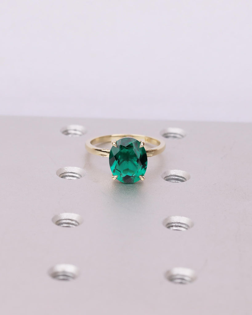 Oval Cut Emerald Engagement Ring, Solitaire 14k Yellow Gold Lab Grown Emerald Ring, Pave Hidden Halo Diamond, Personalized Statement Jewelry image #16