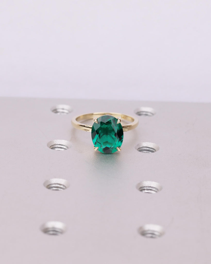 Minimalist Oval Emerald Ring, Hidden Halo 14k Solid Gold Engagement Ring, Birthstone Jewelry image #16