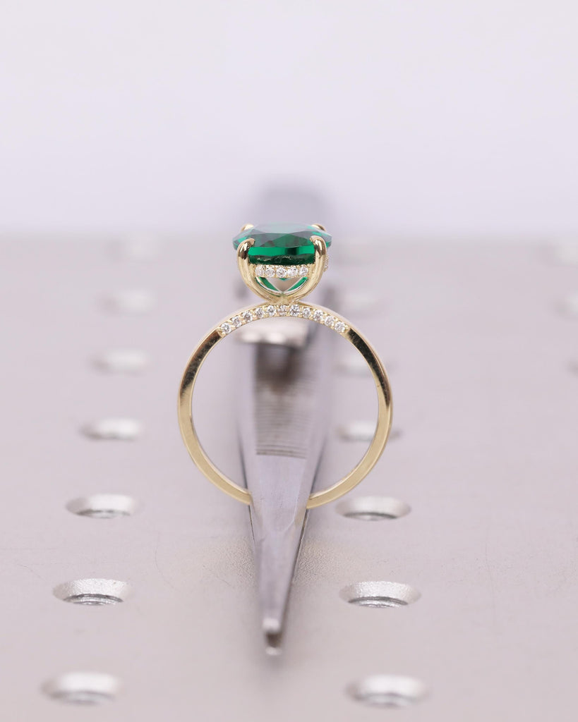 Oval Cut Emerald Engagement Ring, Solitaire 14k Yellow Gold Lab Grown Emerald Ring, Pave Hidden Halo Diamond, Personalized Statement Jewelry image #7