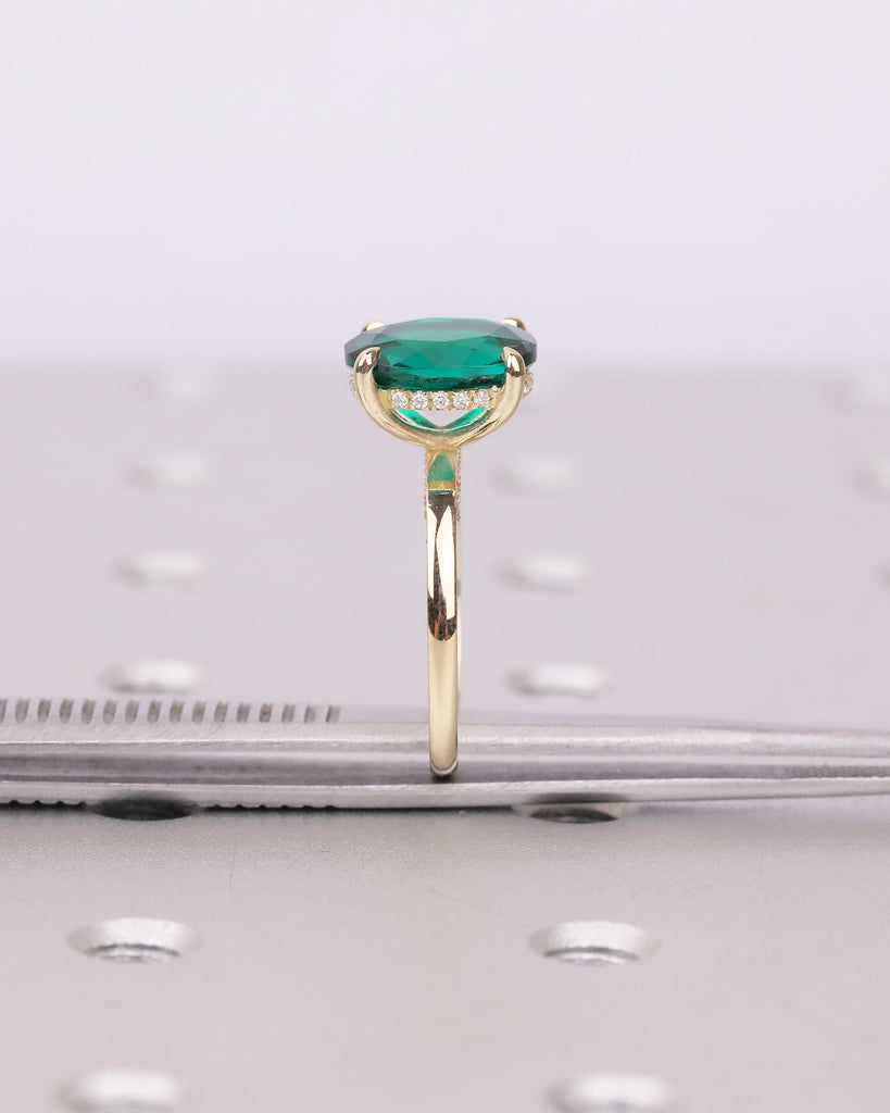 Oval Cut Emerald Engagement Ring, Solitaire 14k Yellow Gold Lab Grown Emerald Ring, Pave Hidden Halo Diamond, Personalized Statement Jewelry image #12