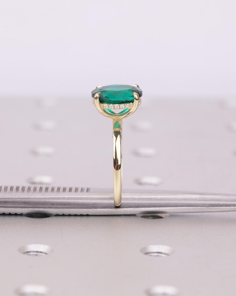 Minimalist Oval Emerald Ring, Hidden Halo 14k Solid Gold Engagement Ring, Birthstone Jewelry image #12