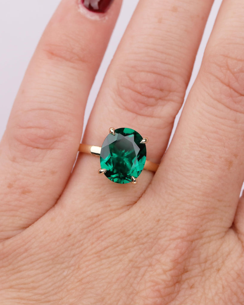 Oval Cut Emerald Engagement Ring, Solitaire 14k Yellow Gold Lab Grown Emerald Ring, Pave Hidden Halo Diamond, Personalized Statement Jewelry image #15