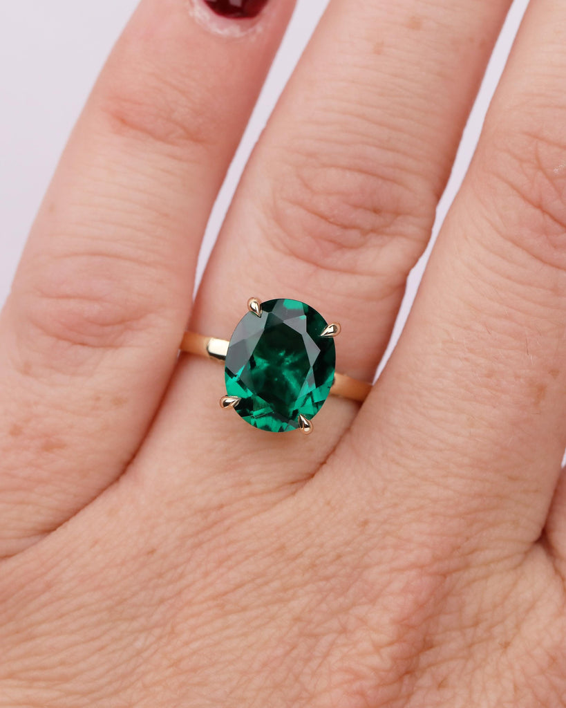 Oval Cut Emerald Engagement Ring, Solitaire 14k Yellow Gold Lab Grown Emerald Ring, Pave Hidden Halo Diamond, Personalized Statement Jewelry image #19