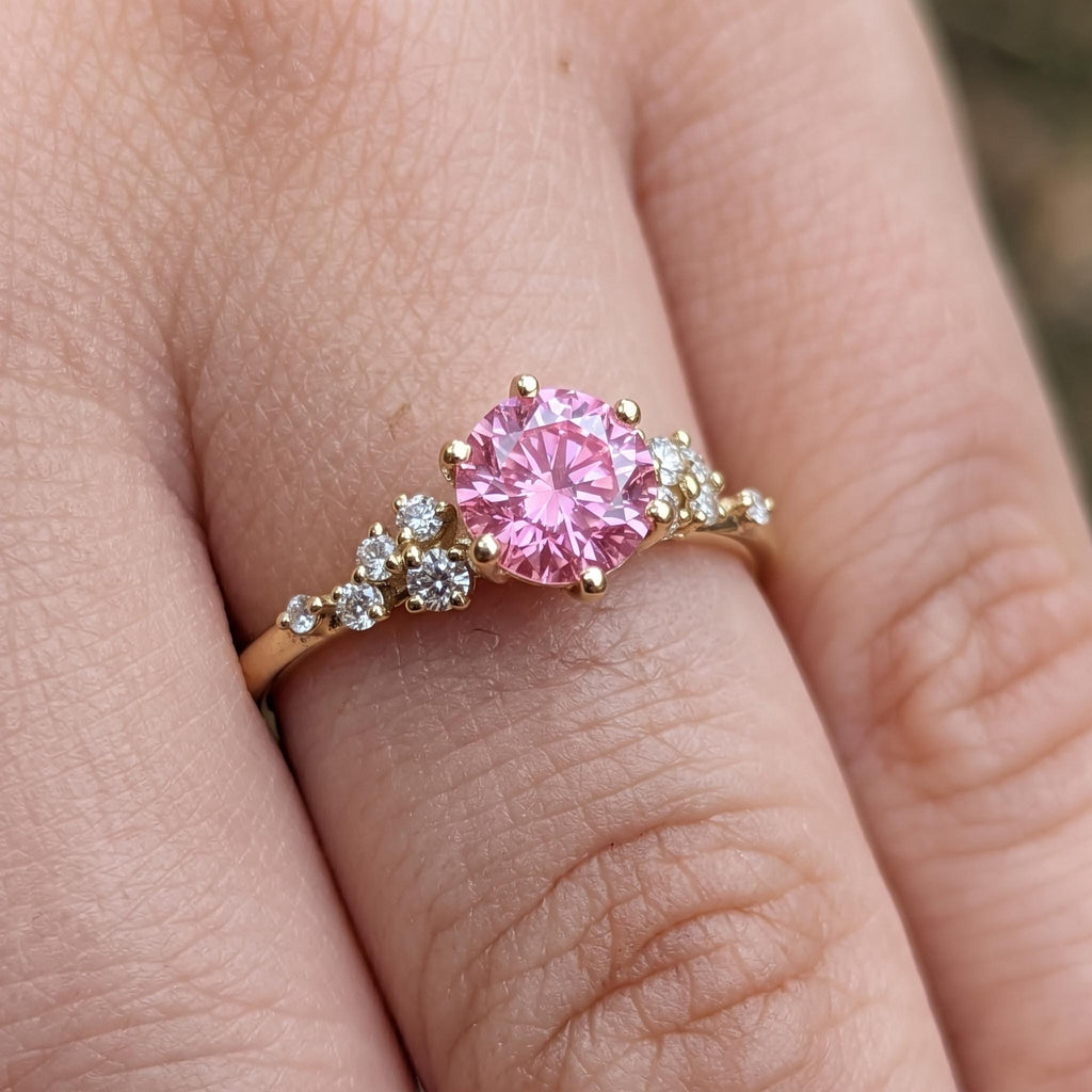 Round Pink Lab Grown Diamond 18K Yellow Gold Engagement Ring | Unique Snowdrift 6 Prong Diamond Cluster Promise Ring | Wedding Ring for Her image #2