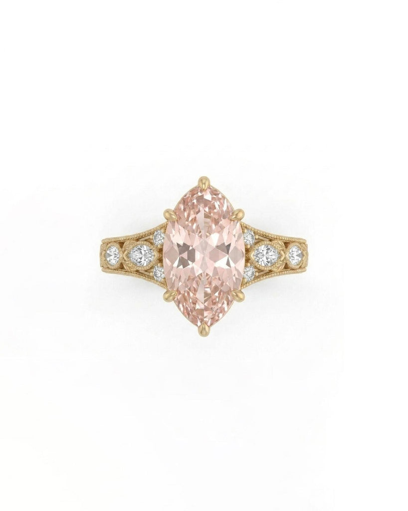 Fancy Pink Marquise Lab Grown Diamond Engagement Ring, Art Deco 14k Gold Filigree Ring image #1