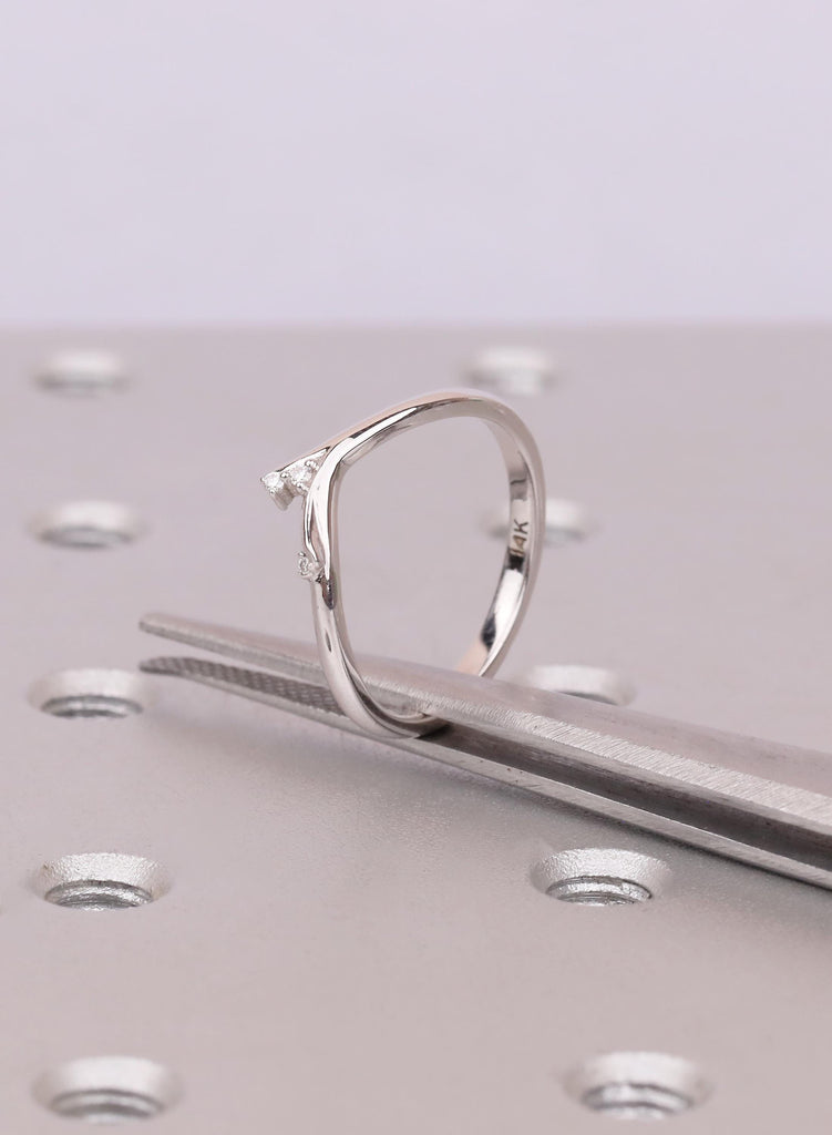 14K/18K Solid Gold Dainty Curved Wedding Band, Nature Inspired Leaf Branch Diamond Thin Wedding Band, Stacking Ring image #11
