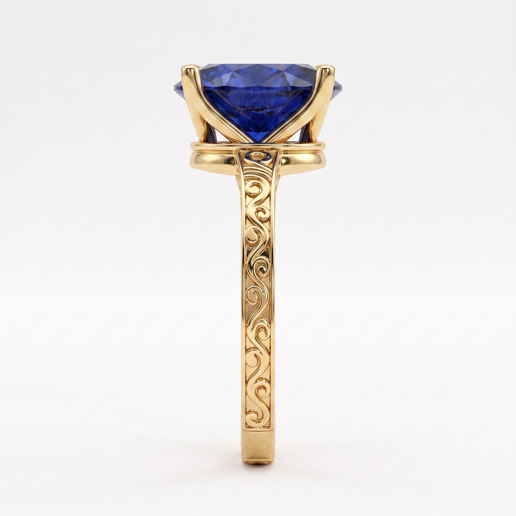 September Birthstone Oval Sapphire Filigree Wedding Band | 14k Yellow Gold Rings for Women | Antique Proposal Ring image #3