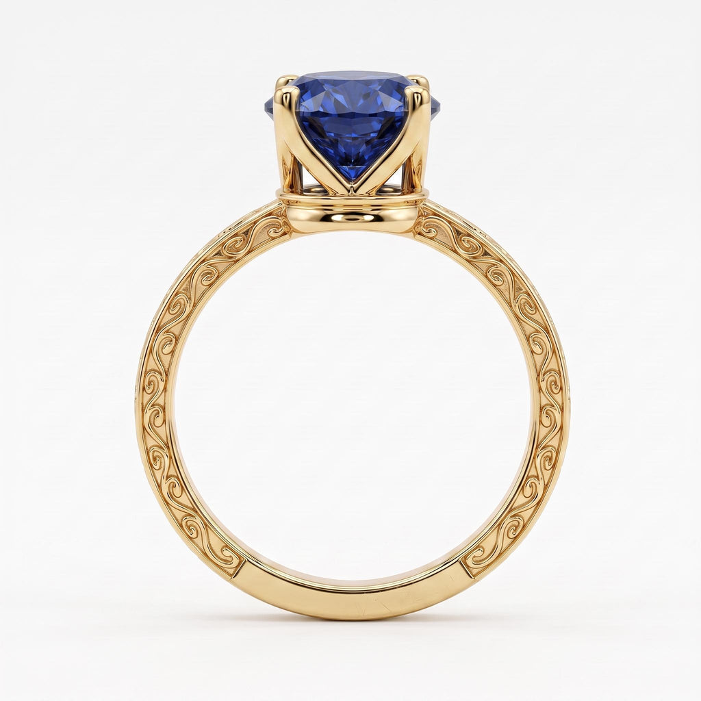 September Birthstone Oval Sapphire Filigree Wedding Band | 14k Yellow Gold Rings for Women | Antique Proposal Ring image #4