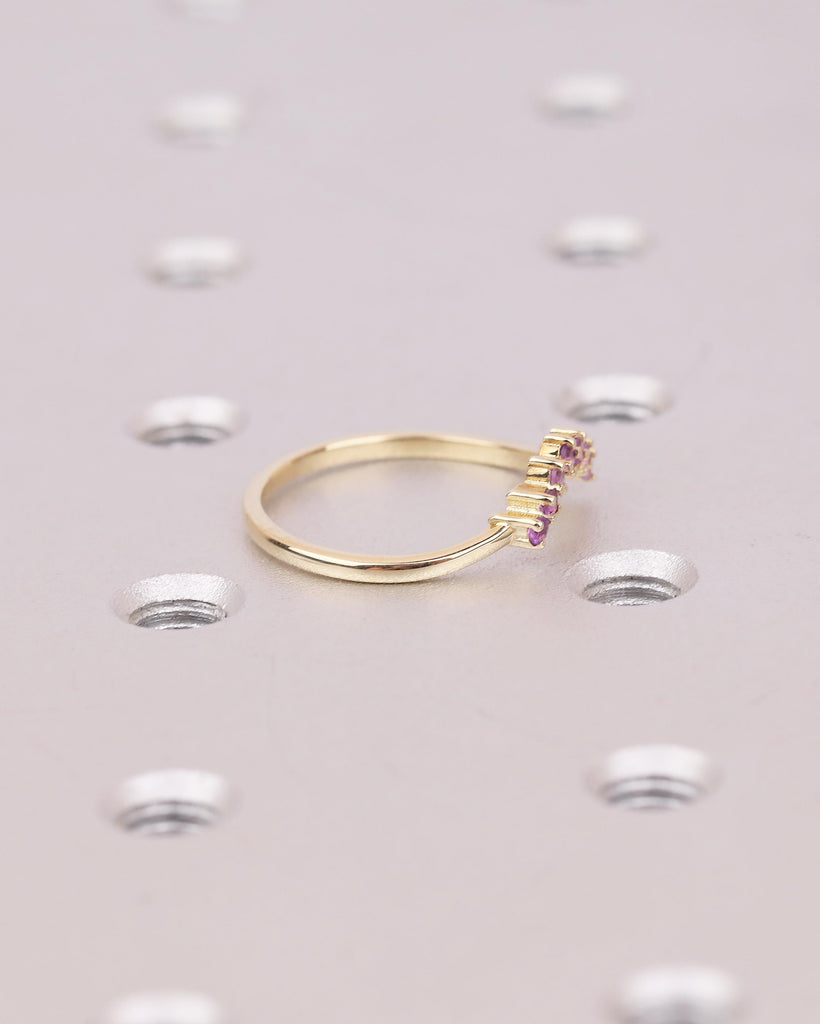 Curved Wedding Band Women, Dainty 14k Solid Gold Matching Rings, Round Amethyst Gemstone Ring, February Birthstone Jewelry, Anniversary Band image #17