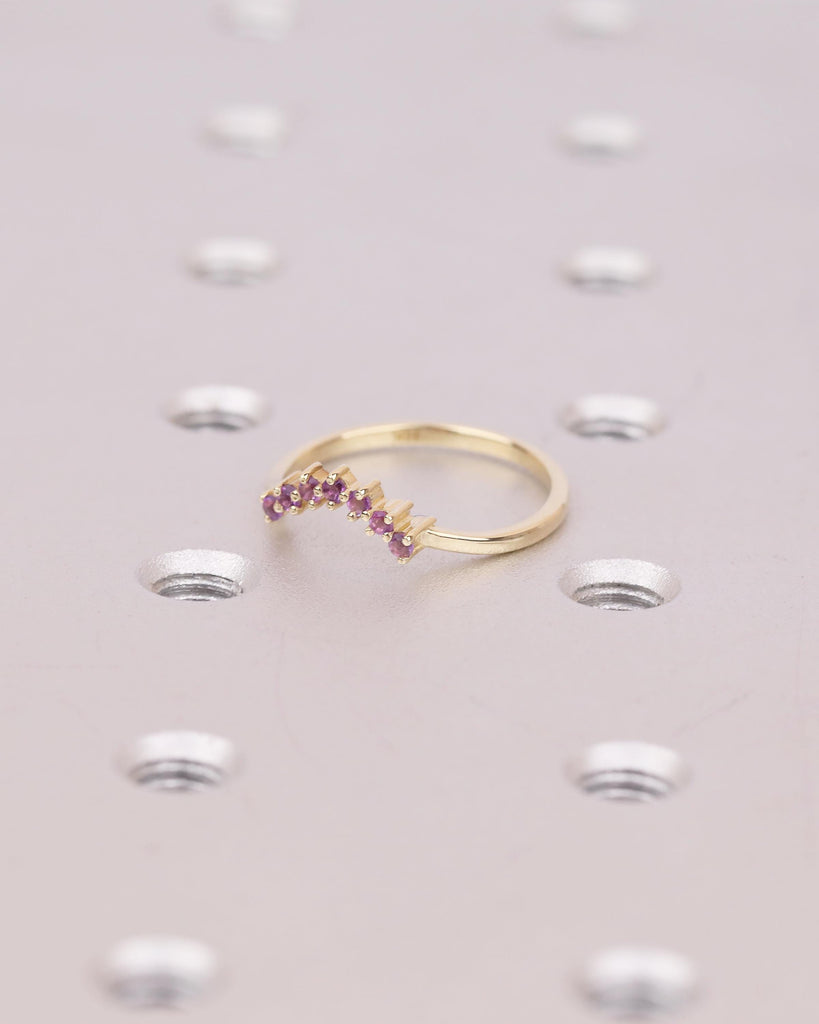 Curved Wedding Band Women, Dainty 14k Solid Gold Matching Rings, Round Amethyst Gemstone Ring, February Birthstone Jewelry, Anniversary Band image #4