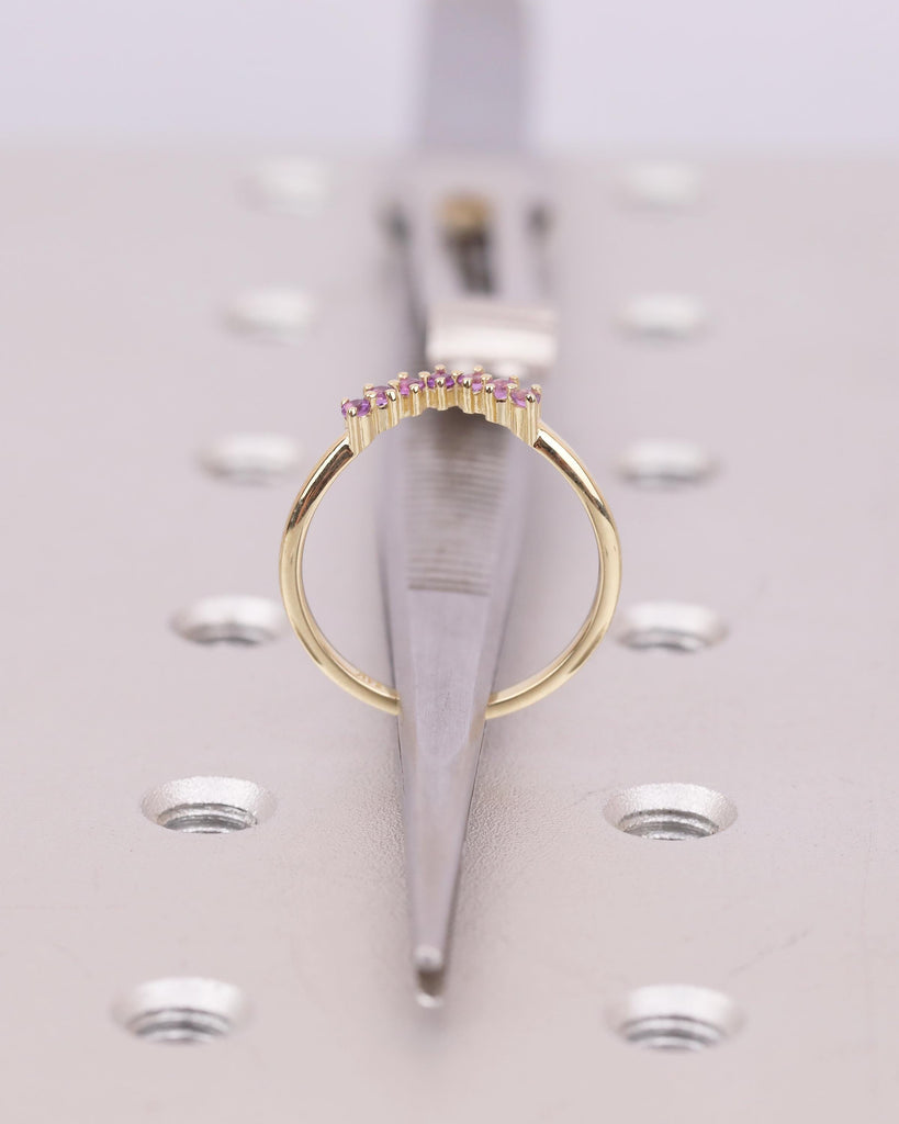Curved Wedding Band Women, Dainty 14k Solid Gold Matching Rings, Round Amethyst Gemstone Ring, February Birthstone Jewelry, Anniversary Band image #7