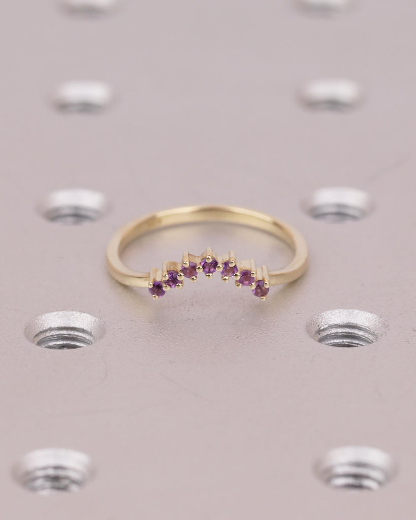 Curved Wedding Band Women, Dainty 14k Solid Gold Matching Rings, Round Amethyst Gemstone Ring, February Birthstone Jewelry, Anniversary Band image #8