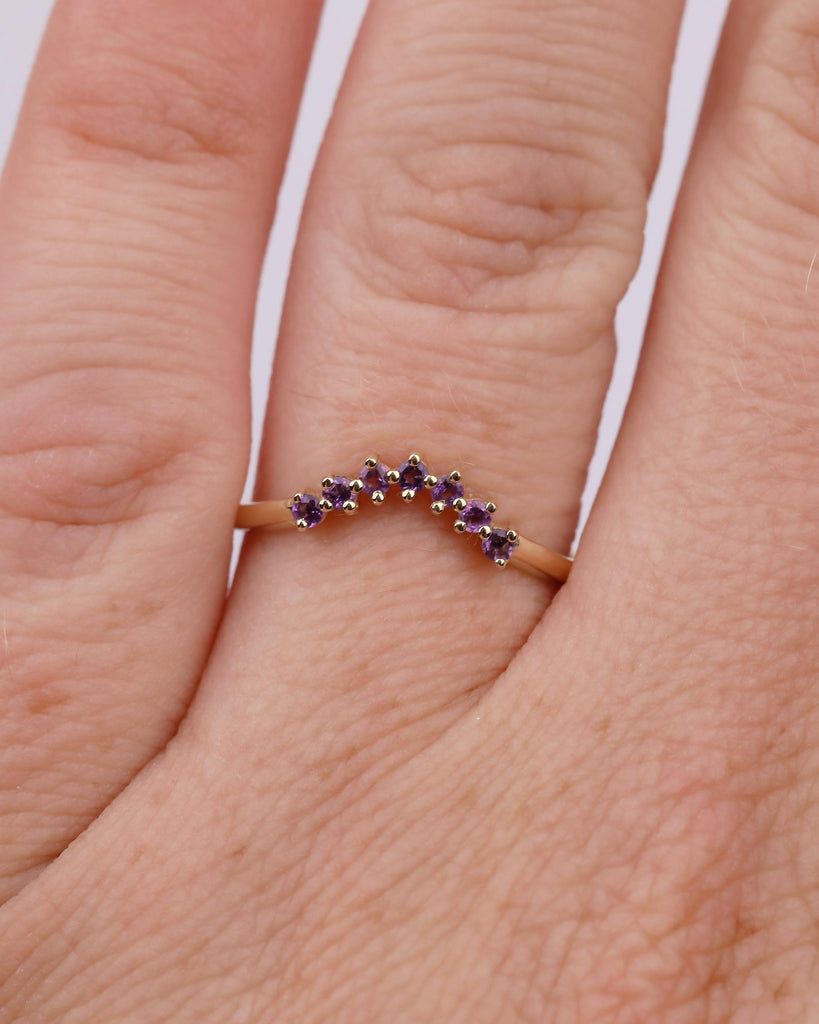 Curved Wedding Band Women, Dainty 14k Solid Gold Matching Rings, Round Amethyst Gemstone Ring, February Birthstone Jewelry, Anniversary Band image #11