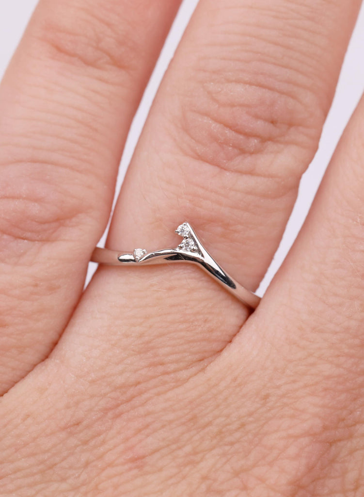 14K/18K Solid Gold Dainty Curved Wedding Band, Nature Inspired Leaf Branch Diamond Thin Wedding Band, Stacking Ring image #1