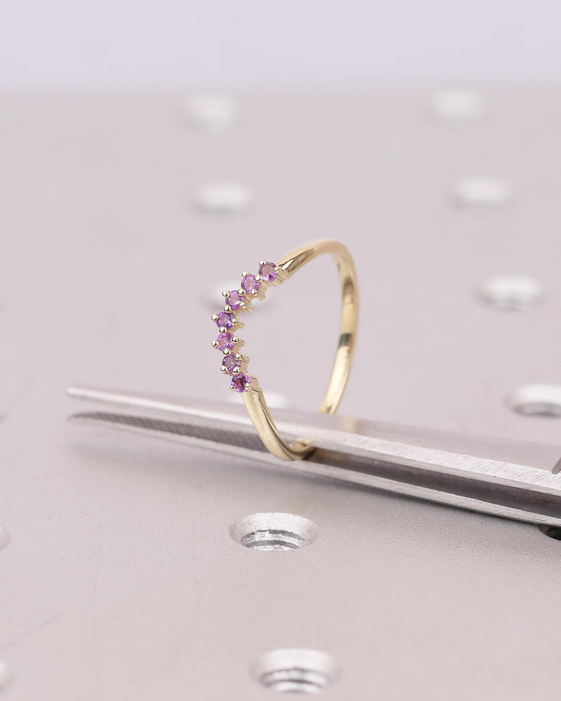 Curved Wedding Band Women, Dainty 14k Solid Gold Matching Rings, Round Amethyst Gemstone Ring, February Birthstone Jewelry, Anniversary Band image #3