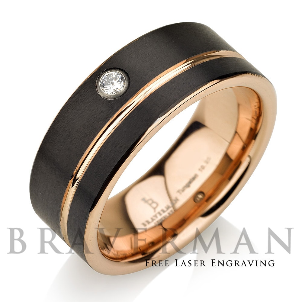 Black Tungsten His Diamond Wedding Band | 14k Rose Gold Mens Wedding Ring | 9MM Comfort Fit Black Engagement Ring | Anniversary Gift for Him
