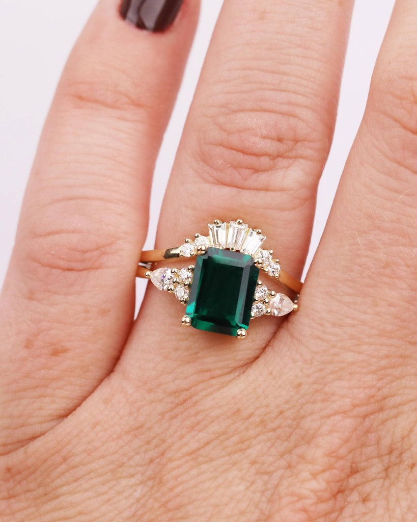 Emerald Cut Green Emerald Engagement Ring Set, 14k Gold Antique Bridal Set, Baguette Diamond Curved Wedding Band, Vintage Anniversary Rings image #2