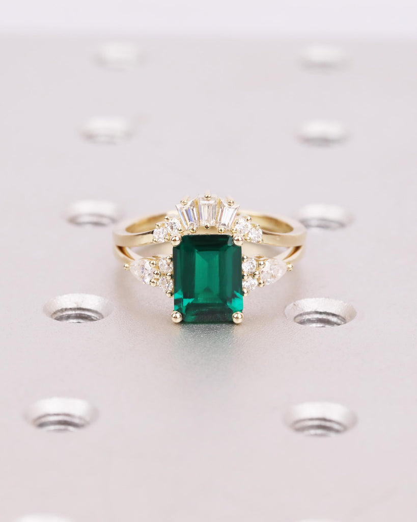Vintage Emerald Engagement Ring Set, Solid 14k Gold Antique Bridal Set, Baguette Moissanite Curved Wedding Band, Anniversary Rings for Women image #1