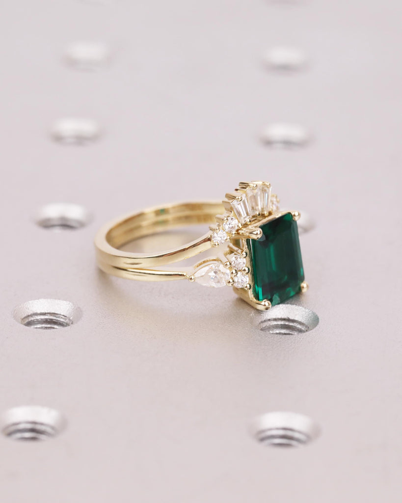 14K Gold Vintage Green Emerald Engagement Ring Set, Art Deco Baguette Moissanite Curved Tiara Wedding Band, May Birthstone, Promise Ring Set image #6